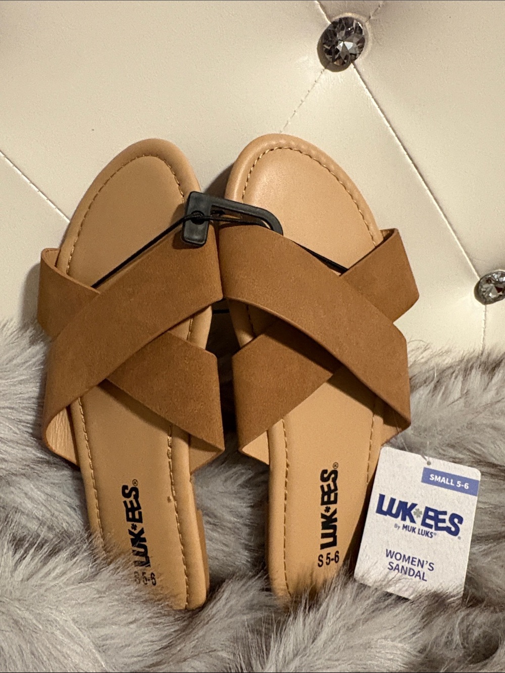 Muk Luks Women's Crisscross Tan Slide Sandals